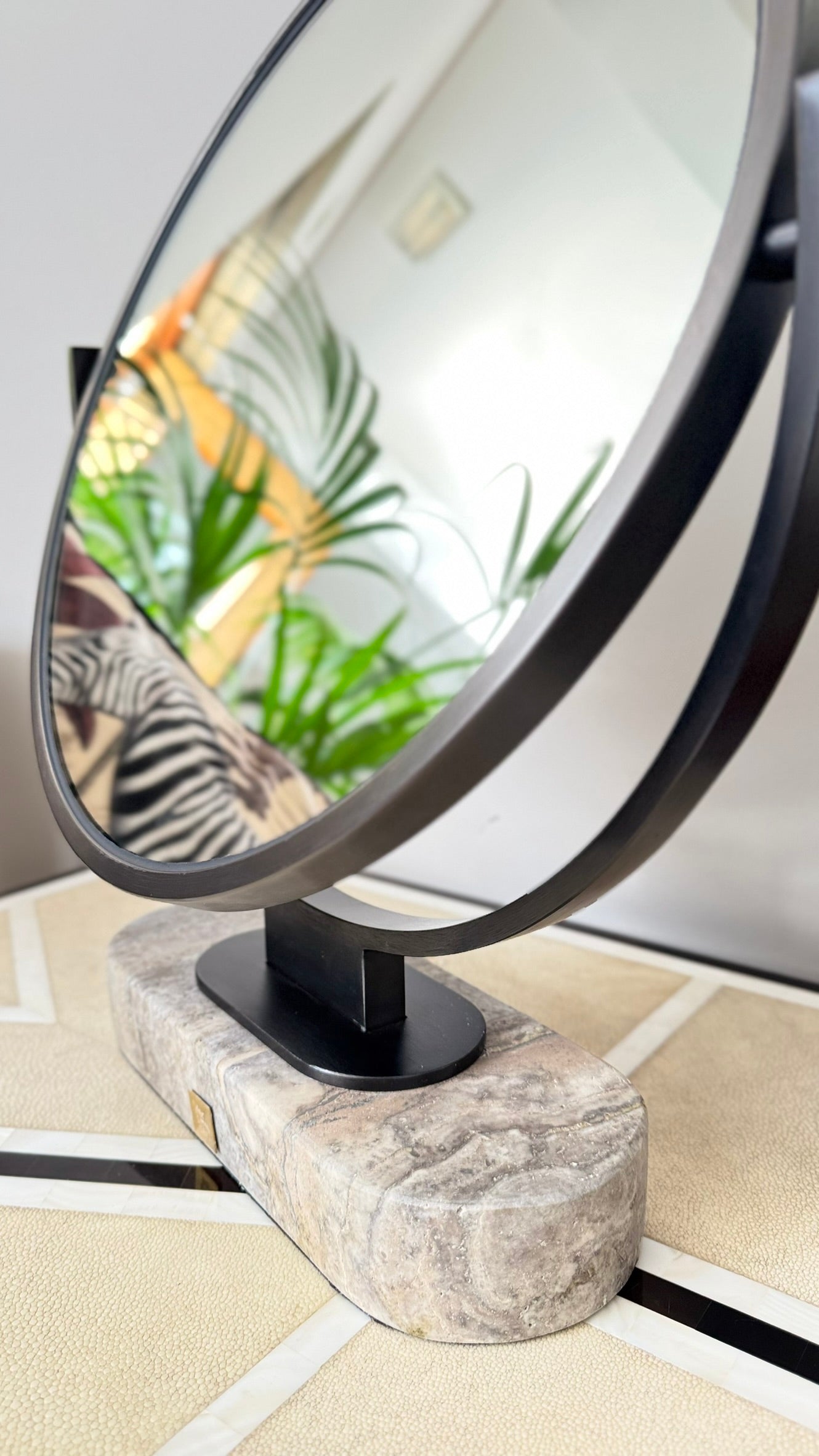 Leila Mirror - Steel, Glass & Grey Travertine
