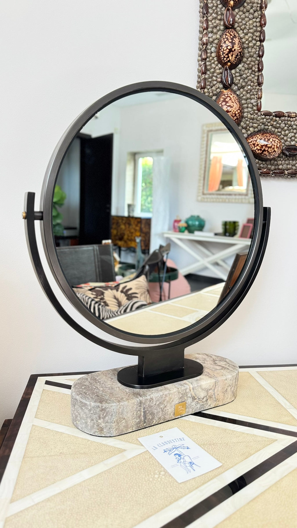 Leila Mirror - Steel, Glass & Grey Travertine