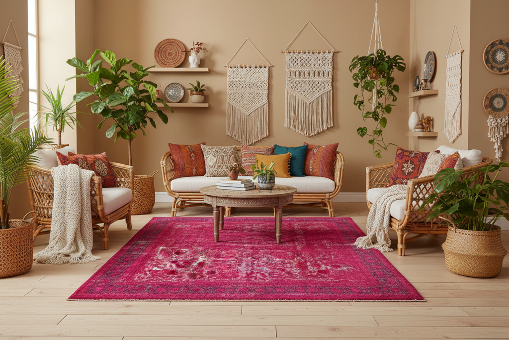 Bohemian Living Room with Vintage Fuchsia Rug